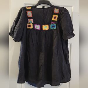 SHEIN Black Blouse with Colorful Crochet Accents